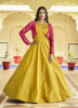 Yellow Cotton Printed & Embroidered Party-Wear Gown With Jacket
