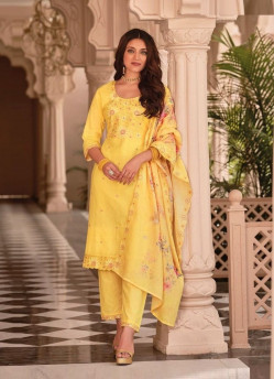 Yellow Cotton Embroidered Festive-Wear Pant-Bottom Readymade Salwar Kameez