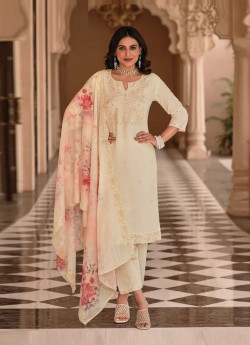 Bone White Cotton Embroidered Festive-Wear Pant-Bottom Readymade Salwar Kameez