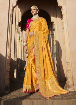 Golden Yellow Dola Silk Embroidered Party-Wear Saree