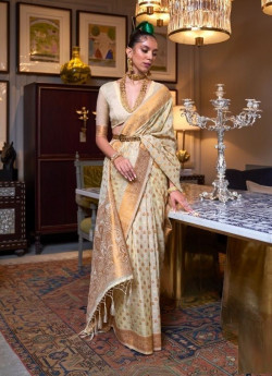 White Silk Khadi Copper Zari Weaving Party-Wear Saree