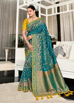 Teal Blue Handwork Wedding-Wear Banarasi Silk Saree