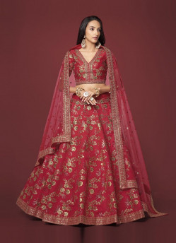 Crimson Red Silk Zari, Dori, Embroidery & Sequins-Work Party-Wear Stylish Lehenga Choli