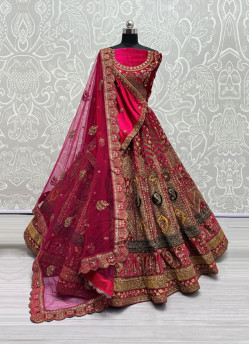 Dark Pink Velvet With Embroidery, Sequins & Handwork Wedding-Wear Bridal Lehenga Choli With Double Dupatta