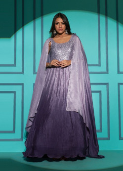 Dark Violet Chinon Thread, Embroidery & Sequins Work Party-Wear Readymade Gown With Dupatta