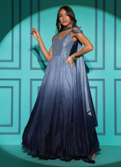 Dark Sea Blue Chinon Thread, Embroidery & Sequins Work Party-Wear Readymade Gown With Dupatta