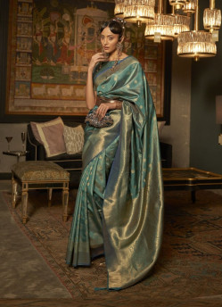 Light Teal Blue Silk Party-Wear Saree With Zari Weaving