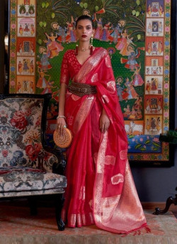 Red Two Tone Handloom Organza Sequins-Work Weaving Festive-Wear Saree