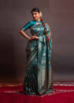 Teal Blue Festive-Wear Banarasi Silk Saree