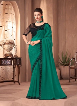 Teal Green Silk Embroidered Party-Wear Boutique-Style Saree