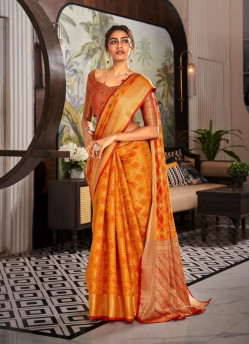 Orange Patola Handloom Weaving Party-Wear Checks Saree