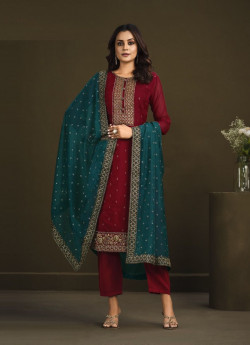 Red & Sea Blue Soft Organza Zarkan-Work Salwar Kameez For Traditional / Religious Occasions