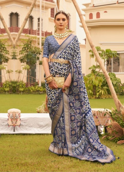Blue Soft Silk Printed Saree For Traditional / Religious Occasions