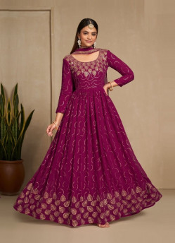 Magenta Faux Georgette Embroidered Festive-Wear Readymade Gown With Dupatta