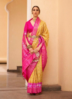 Marigold & Magenta Patola Silk Printed Saree For Traditional / Religious Occasions