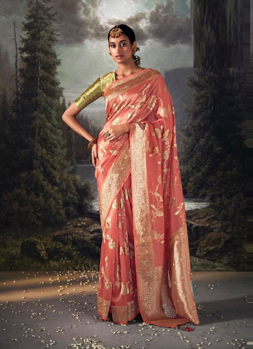 Dark Coral Organza Silk Party-Wear Saree With Jacquard Weaving @Indian  Couture