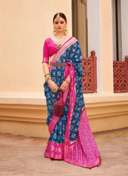 Sea Blue & Magenta Patola Silk Printed Saree For Traditional / Religious Occasions
