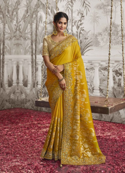 Mustard Yellow Viscose Dola Jacquard Embroidered Party-Wear Silk Saree