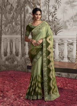 Pista Green Viscose Dola Jacquard Embroidered Party-Wear Silk Saree