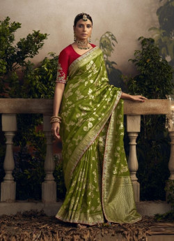 Olive Green Dola Silk Embroidered Party-Wear Saree