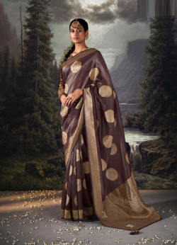 Purplish Brown Organza Silk Party-Wear Saree With Jacquard Weaving