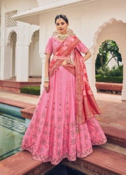 Pink Viscose Silk Wedding-Wear Lehenga Choli With Belt
