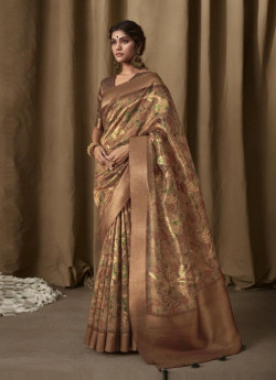 Copper Brown Banarasi Tissue Weaving Jacquard Saree For Traditional / Religious Occasions