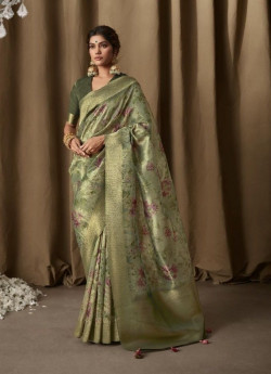 Light Green Banarasi Tissue Weaving Jacquard Saree For Traditional / Religious Occasions