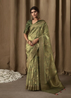 Sage Green Banarasi Tissue Weaving Jacquard Saree For Traditional / Religious Occasions
