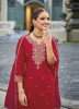 Crimson Red Roman Silk Embroidered Sharara-Bottom Readymade Salwar Kameez For Traditional / Religious Occasions