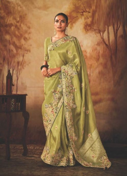 Light Olive Green Kanjivaram Silk Tissue Hand Embroidered Wedding-Wear Saree