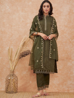 Olive Floral Embroidered Silk Straight Kurta With Trouser & Dupatta Set