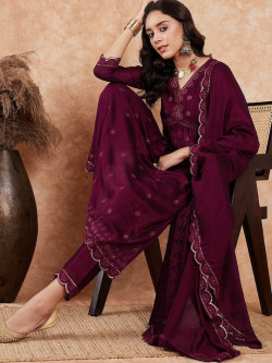 Embroidered V-Neck A-Line Kurta With Trouser & Dupatta