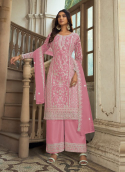 Pink Embroidered Festive-Wear Straight-Cut Salwar Kameez
