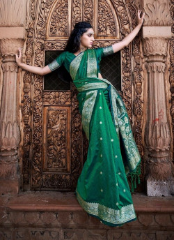 Green Pure Satin Silk Saree With Zari Weaving