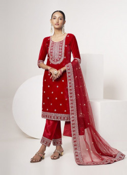 Red Velvet Embroidered Winter-Wear Readymade Salwar Kameez