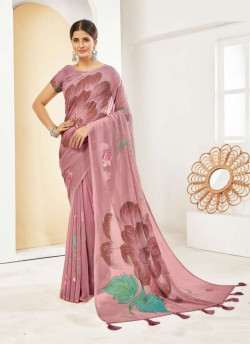 Mauve Georgette Handprinted Saree For Kitty Parties