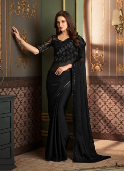Black Silk Chiffon Embroidered Party-Wear Boutique-Style Saree