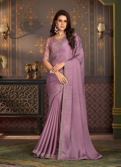 Mauve Pink Silk Chiffon Embroidered Party-Wear Boutique-Style Saree