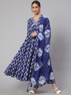 Navy Blue Floral Printed Empire Anarkali Kurta & Trousers With Dupatta