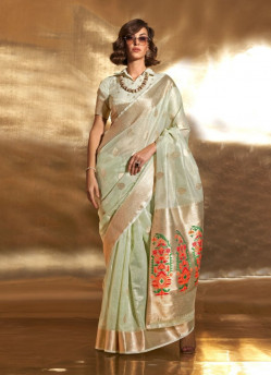 Mint Green Tissue Woven Saree For Traditional / Religious Occasions