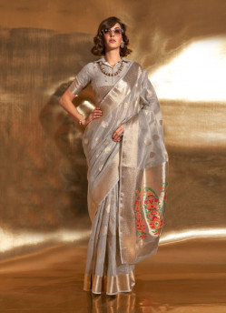 Silver Gray Tissue Woven Saree For Traditional / Religious Occasions