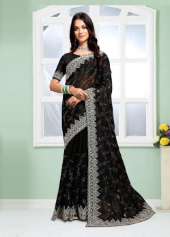 Black Silk Embroidered Festive-Wear Sequins-Work Saree