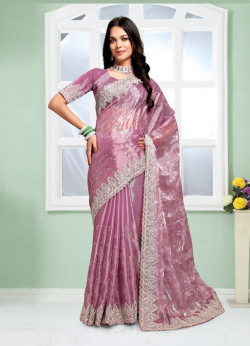 Lilac Silk Embroidered Festive-Wear Sequins-Work Saree