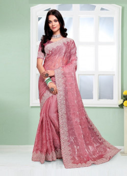 Pink Silk Embroidered Festive-Wear Sequins-Work Saree