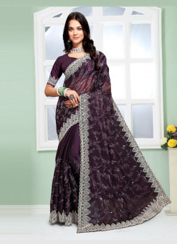 Dark Purple Silk Embroidered Festive-Wear Sequins-Work Saree