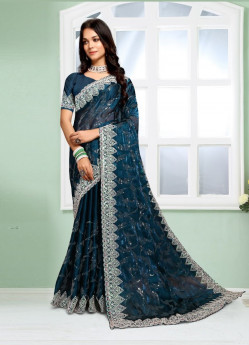Sea Blue Silk Embroidered Festive-Wear Sequins-Work Saree