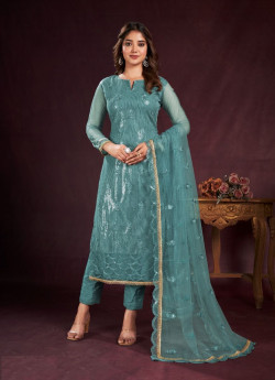 Steel Blue Two Tone Net Sequins-Work Ramadan Special Straight-Cut Salwar Kameez