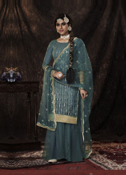 Sage Blue Net Sequins-Work Ramadan Special Gharara-Bottom Salwar Kameez