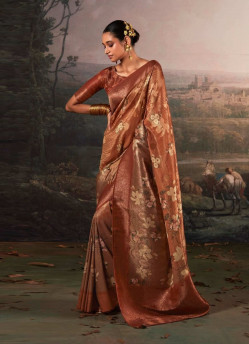 Brown Woven Linen-Cotton Saree For Traditional / Religious Occasions